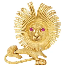 1960's French 18 Karat Yellow Gold Ruby Vintage Lion Brooch