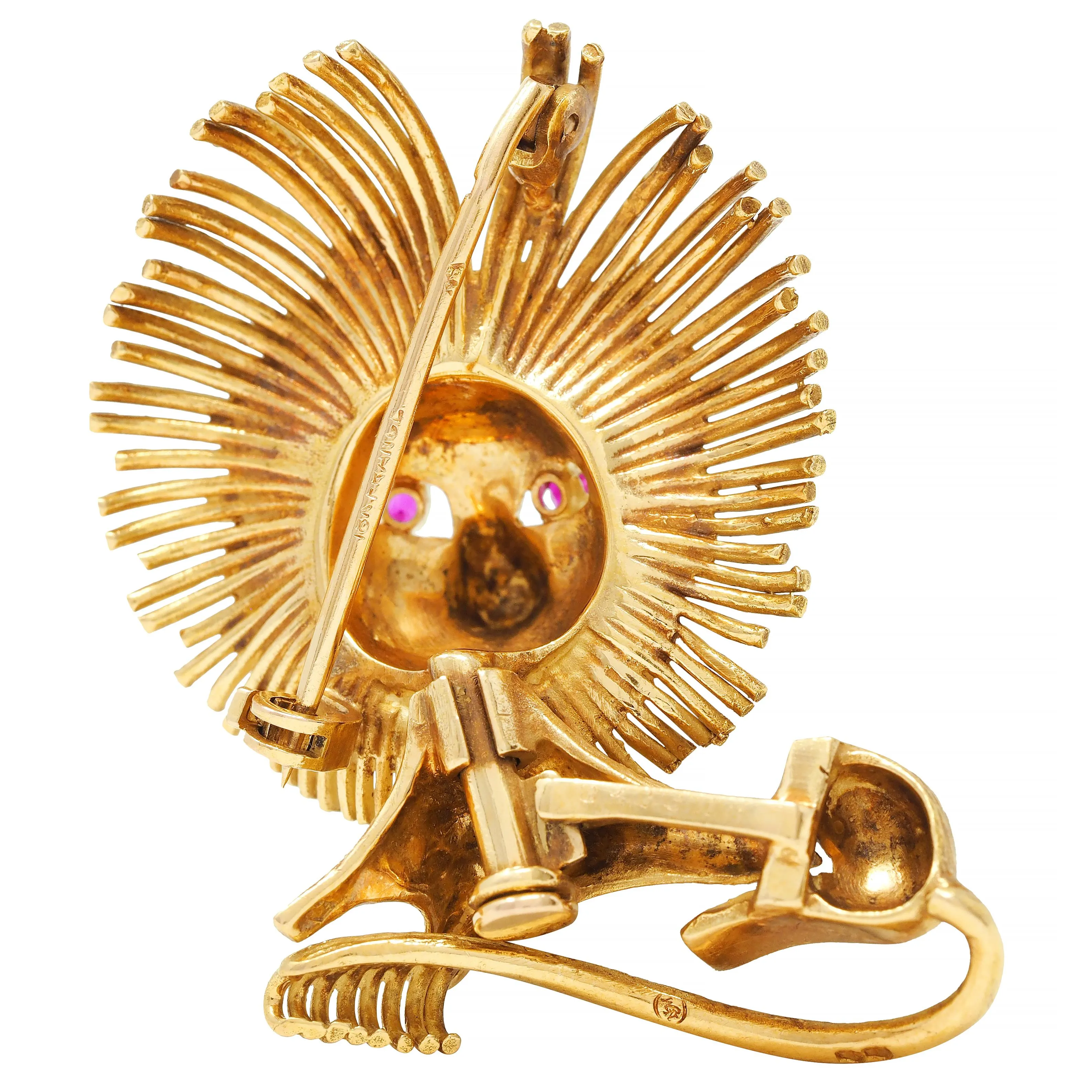 1960's French 18 Karat Yellow Gold Ruby Vintage Lion Brooch