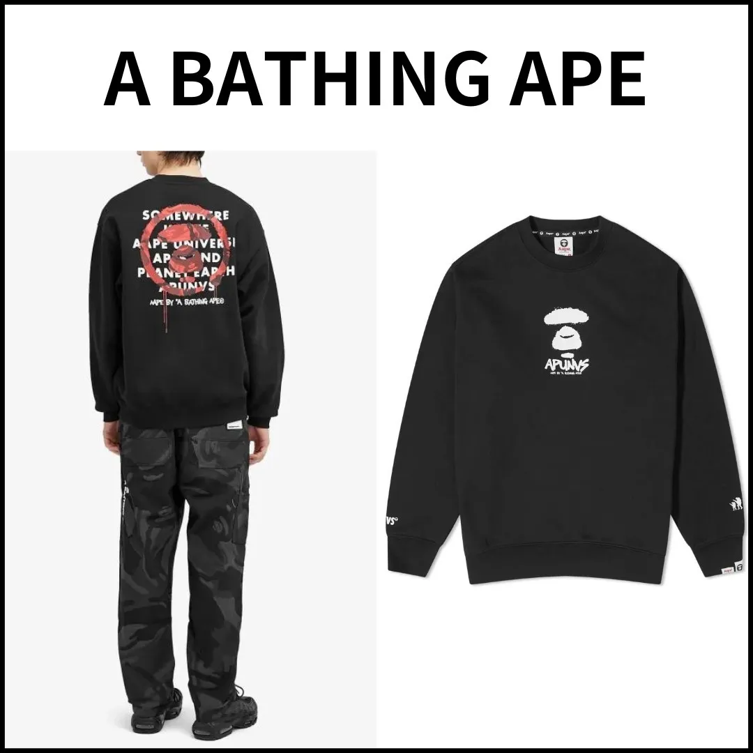 A BATHING APE  |Crew Neck Unisex Street Style Long Sleeves Cotton Oversized