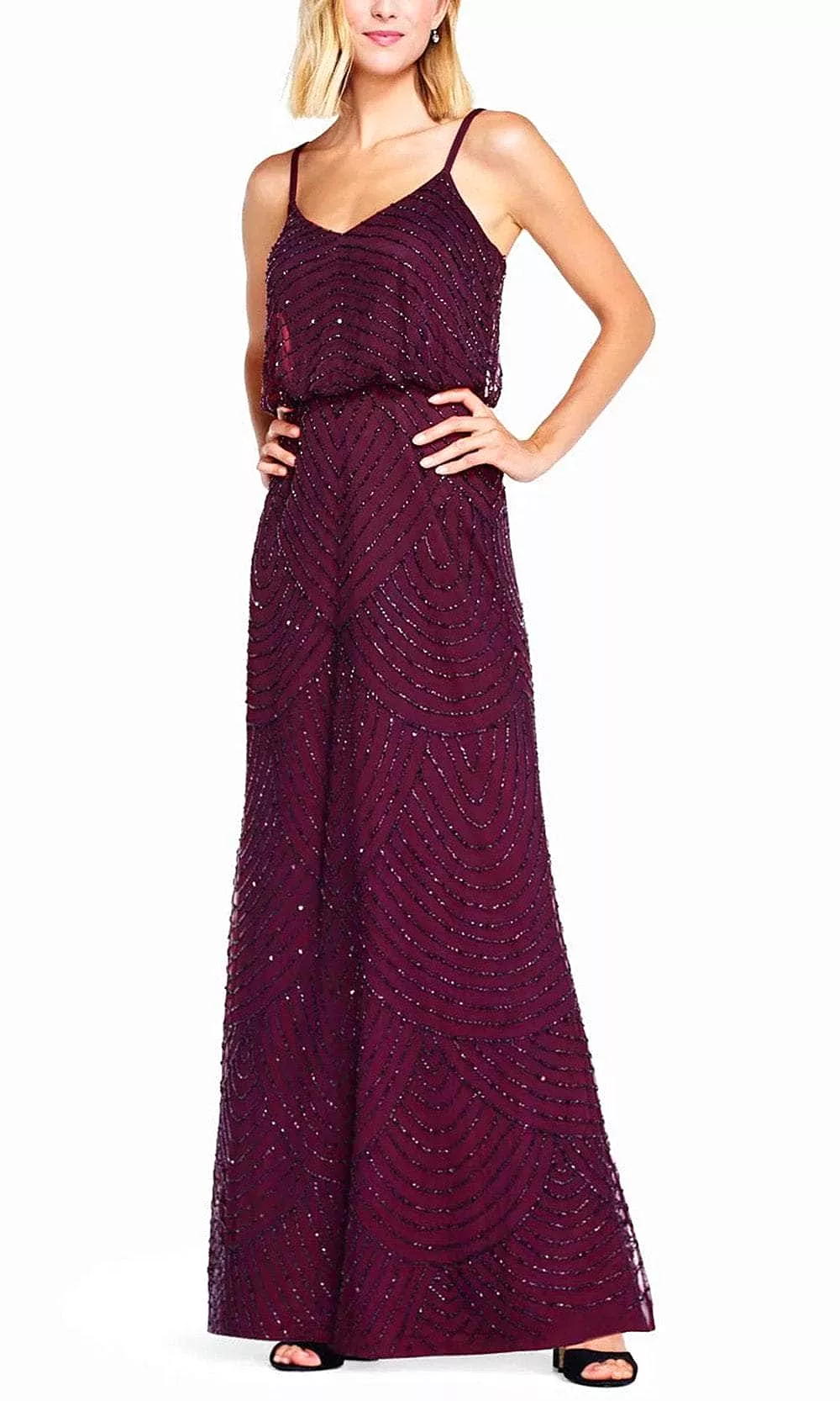 Adrianna Papell 091866702 - Spaghetti Strap Beaded Long Dress