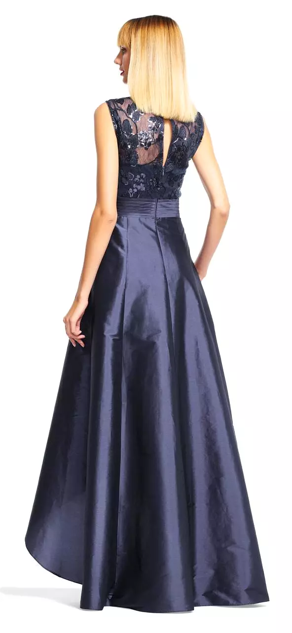 Adrianna Papell - AP1E200402 Lace Illusion Pleated High Low Dress - 1 Pc Navy in Size 14 Available