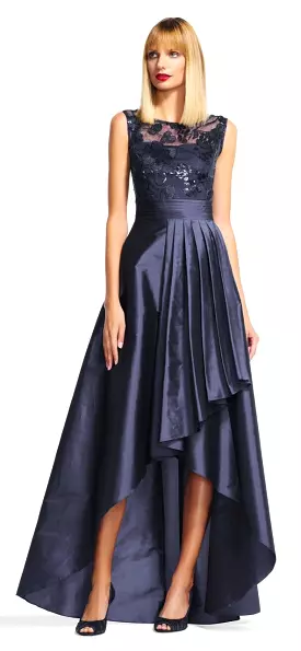 Adrianna Papell - AP1E200402 Lace Illusion Pleated High Low Dress - 1 Pc Navy in Size 14 Available