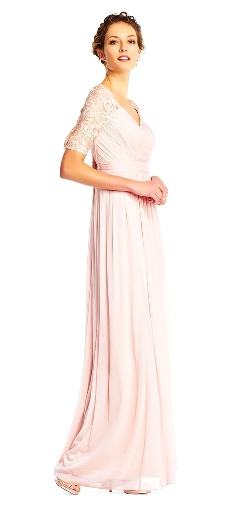 Adrianna Papell - Half Sleeve Pin-Tucked Bodice Long Gown AP1E201417 - 1 pc Blush In Size 12 Available