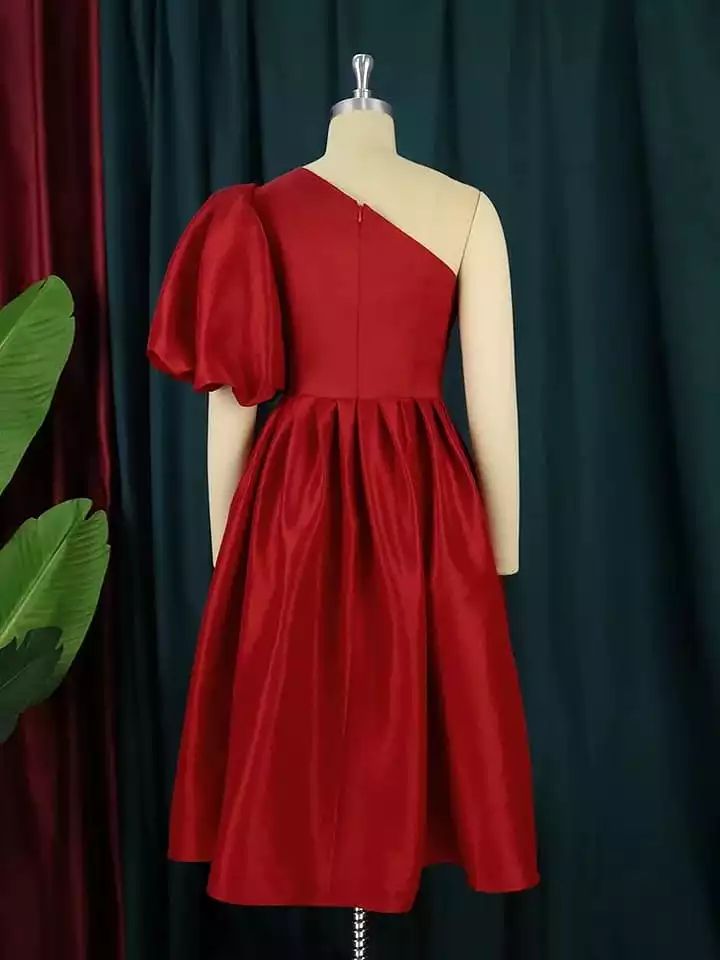 AOMEI Party Dress Women One Shoulder Red Midi Pleated Robes Short Lantern Sleeve Fit and Flare Elastic Summer Gowns S4618226