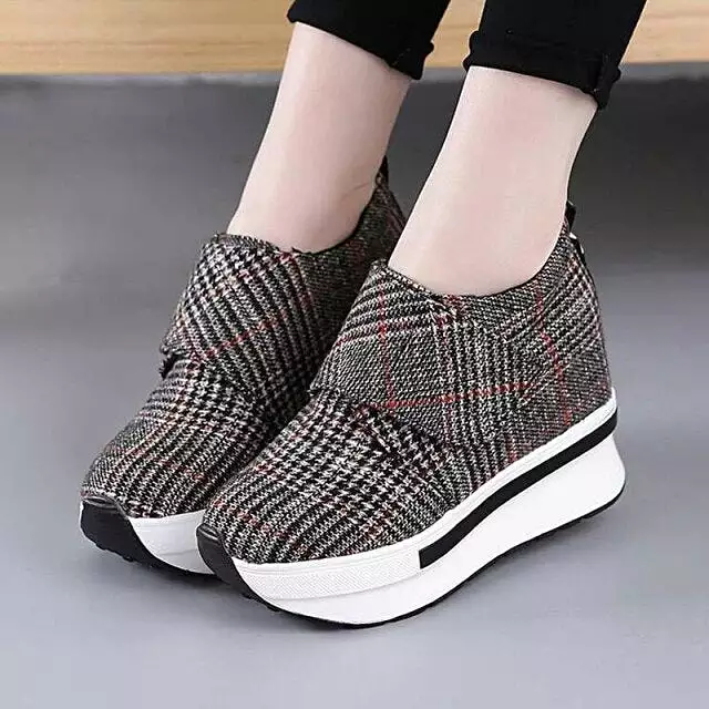 AshoreShop Womens High Platform Plaid Wrap Sneaker Shoes