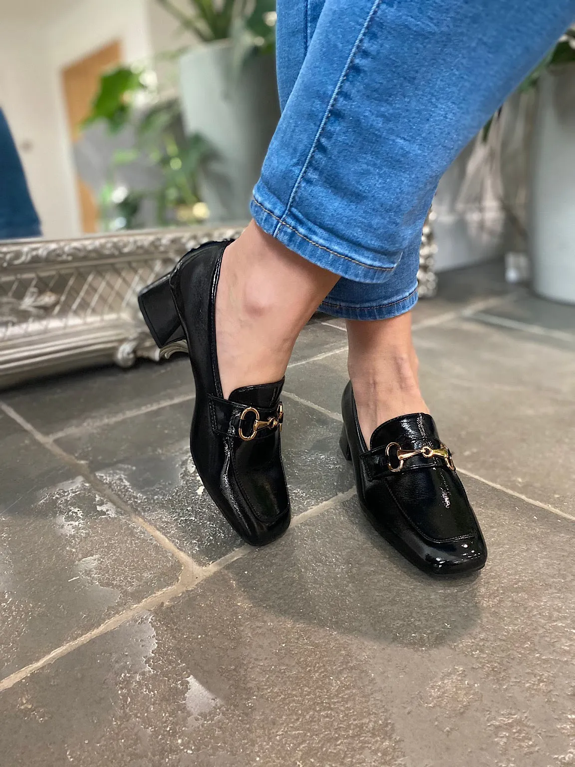 Black Patent Buckle Heeled Loafers