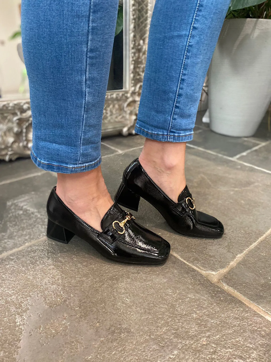 Black Patent Buckle Heeled Loafers