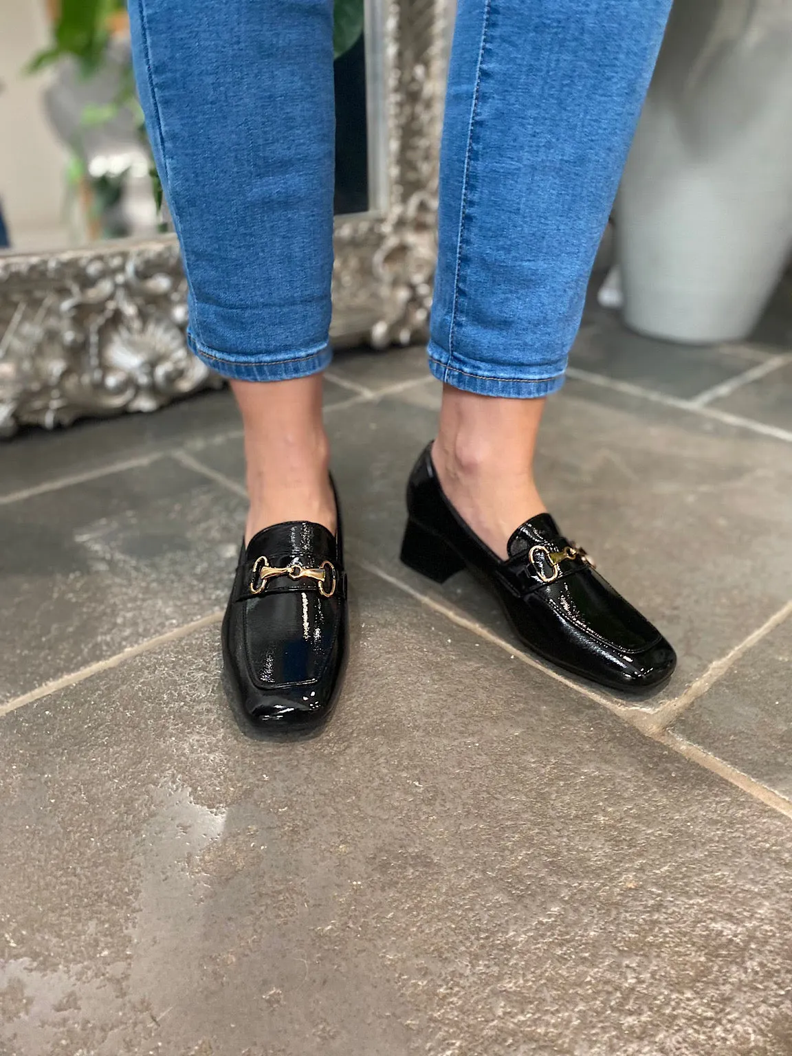 Black Patent Buckle Heeled Loafers