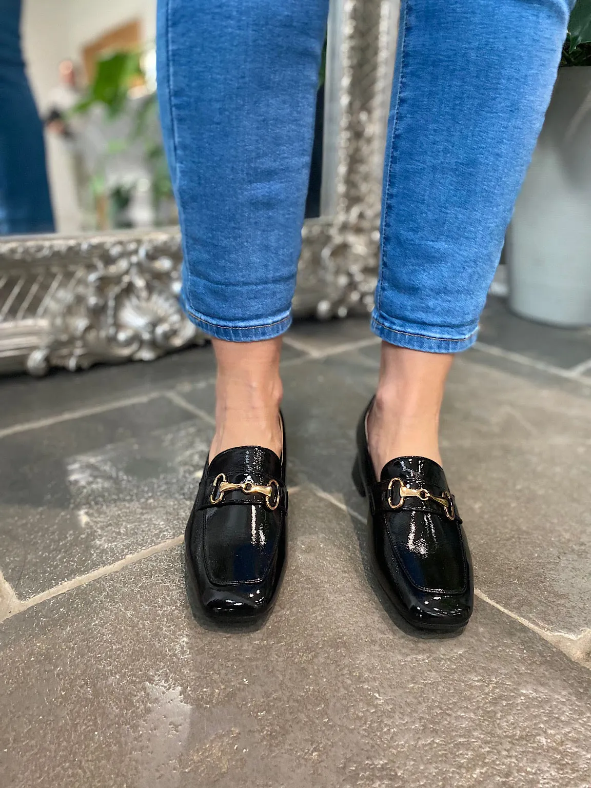 Black Patent Buckle Heeled Loafers