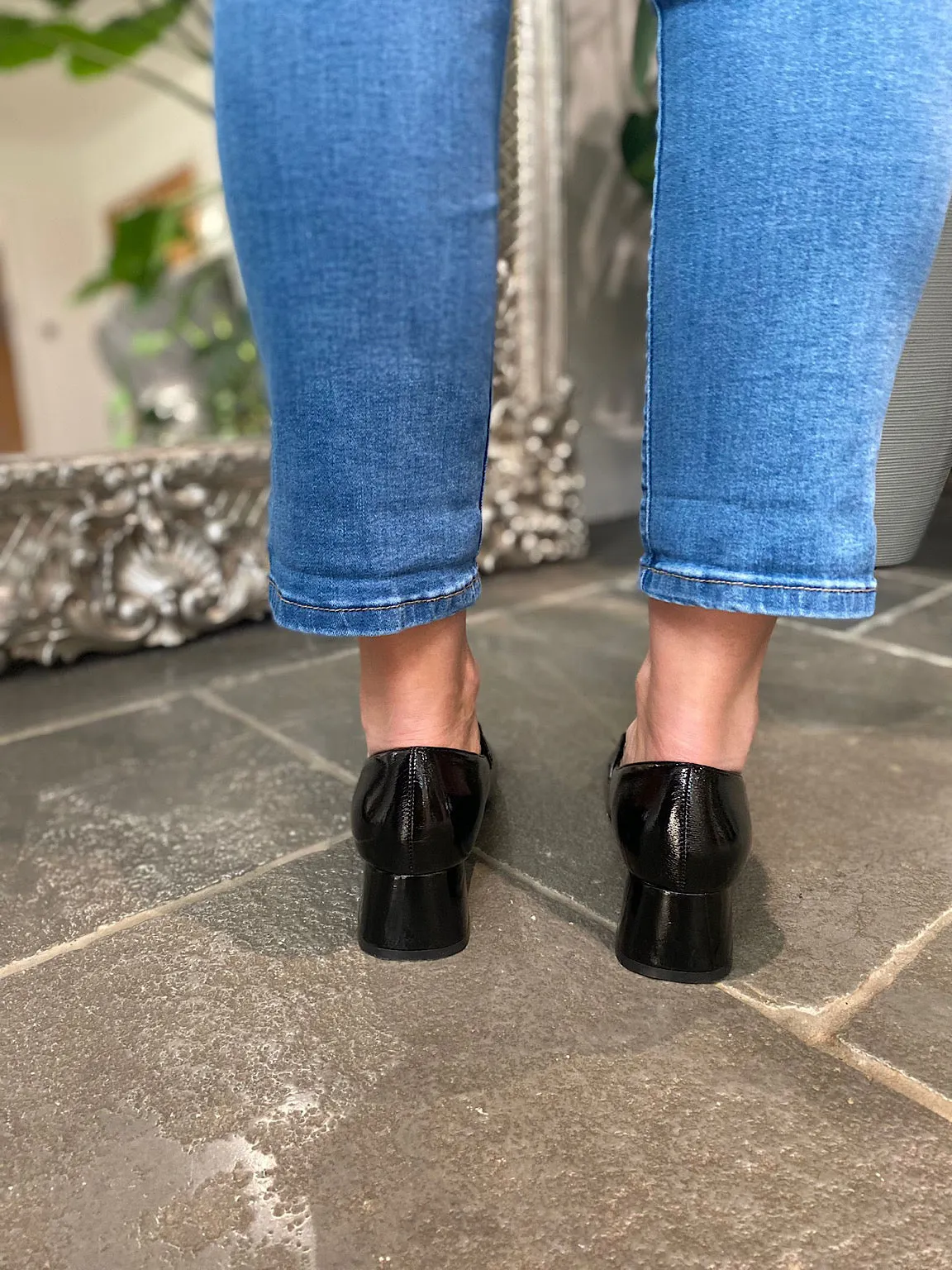 Black Patent Buckle Heeled Loafers