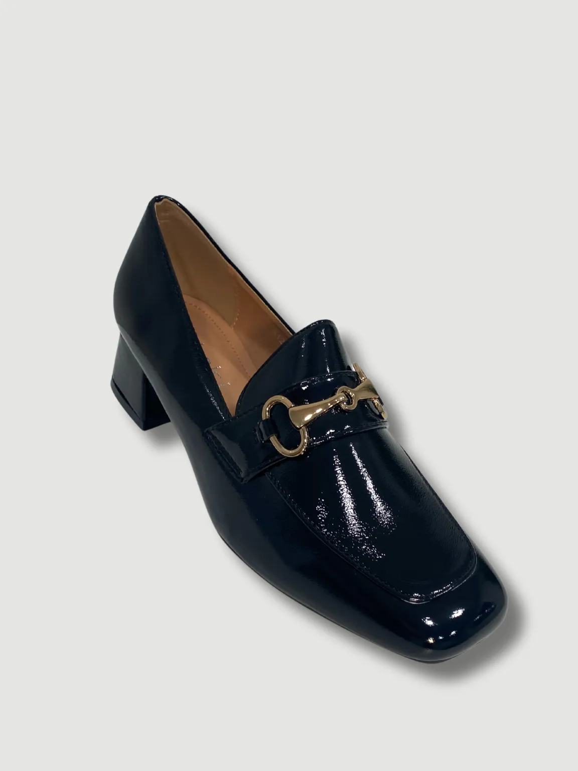 Black Patent Buckle Heeled Loafers