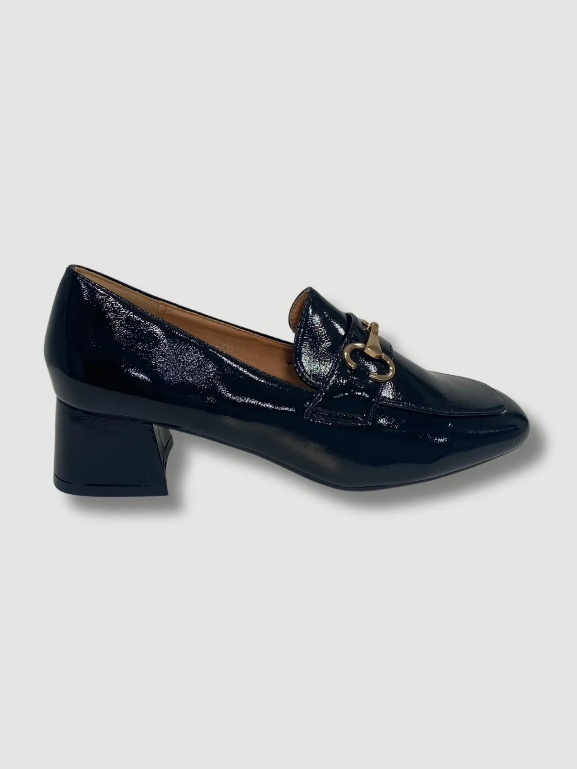 Black Patent Buckle Heeled Loafers