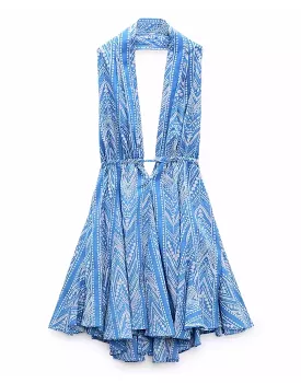 Blue Printed Halter Dress