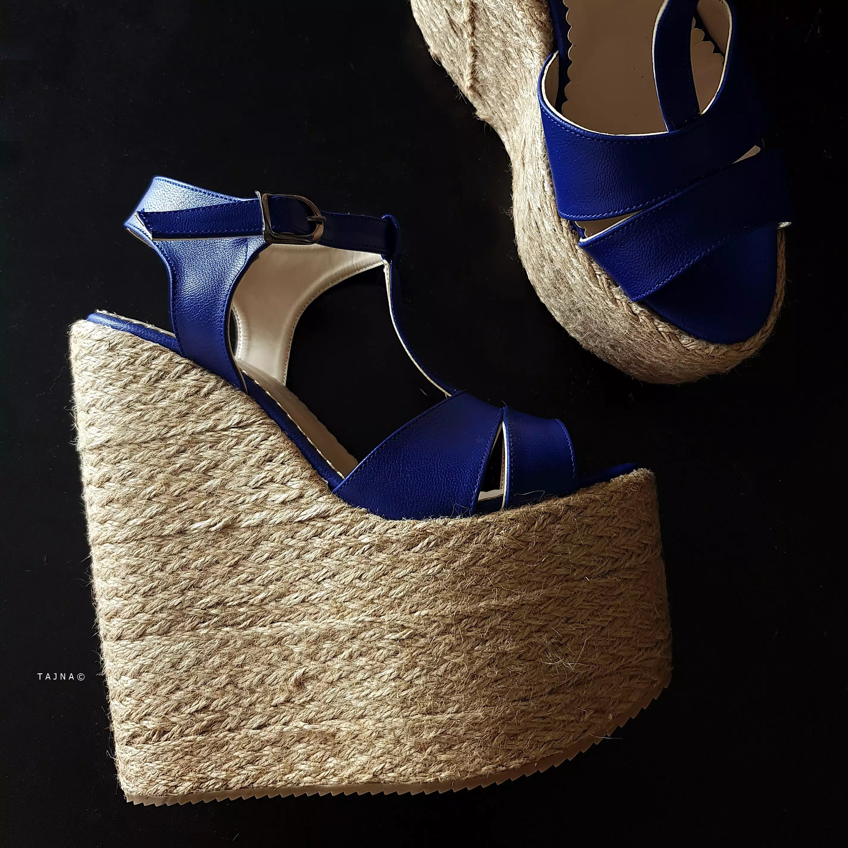 Blue T-Strap High Heel Wedge Platform Espadrils