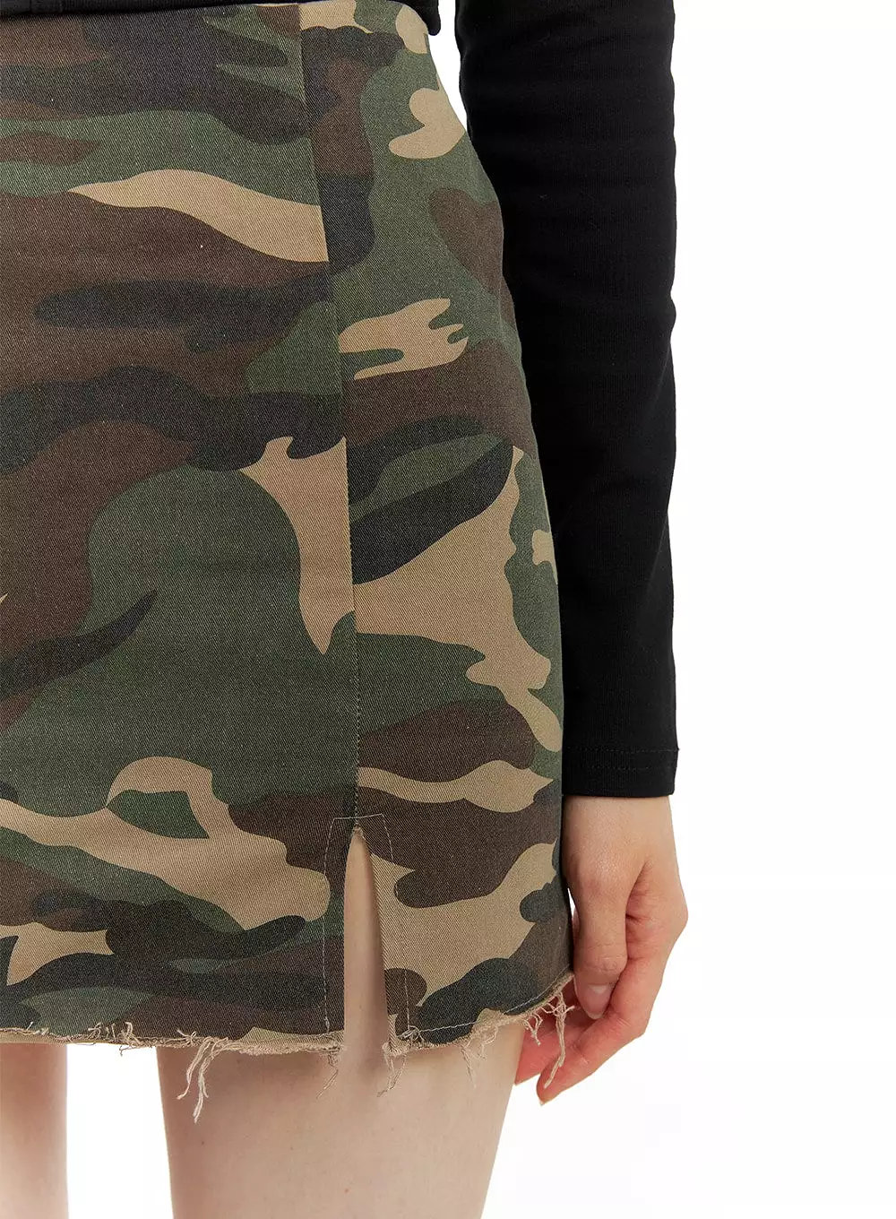 Camo Split Destroyed Hem Mini Skirt OM426