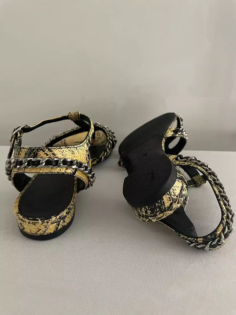 Chanel Yellow Python CC Logo Chain Detail Flat Sandals