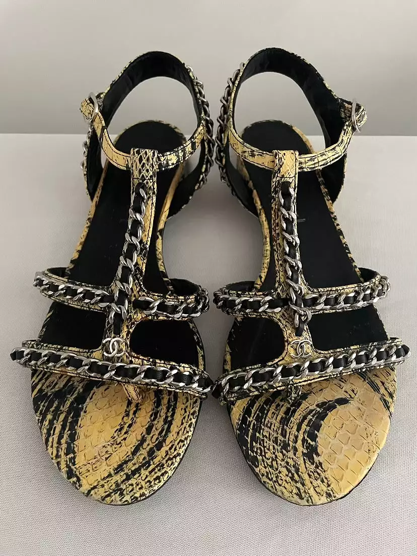 Chanel Yellow Python CC Logo Chain Detail Flat Sandals