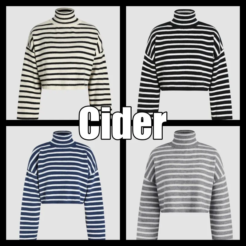 Cider  |Stripes Long Sleeves High-Neck Oversized V-neck & Crew neck