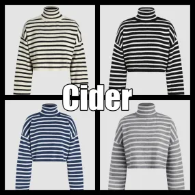 Cider  |Stripes Long Sleeves High-Neck Oversized V-neck & Crew neck