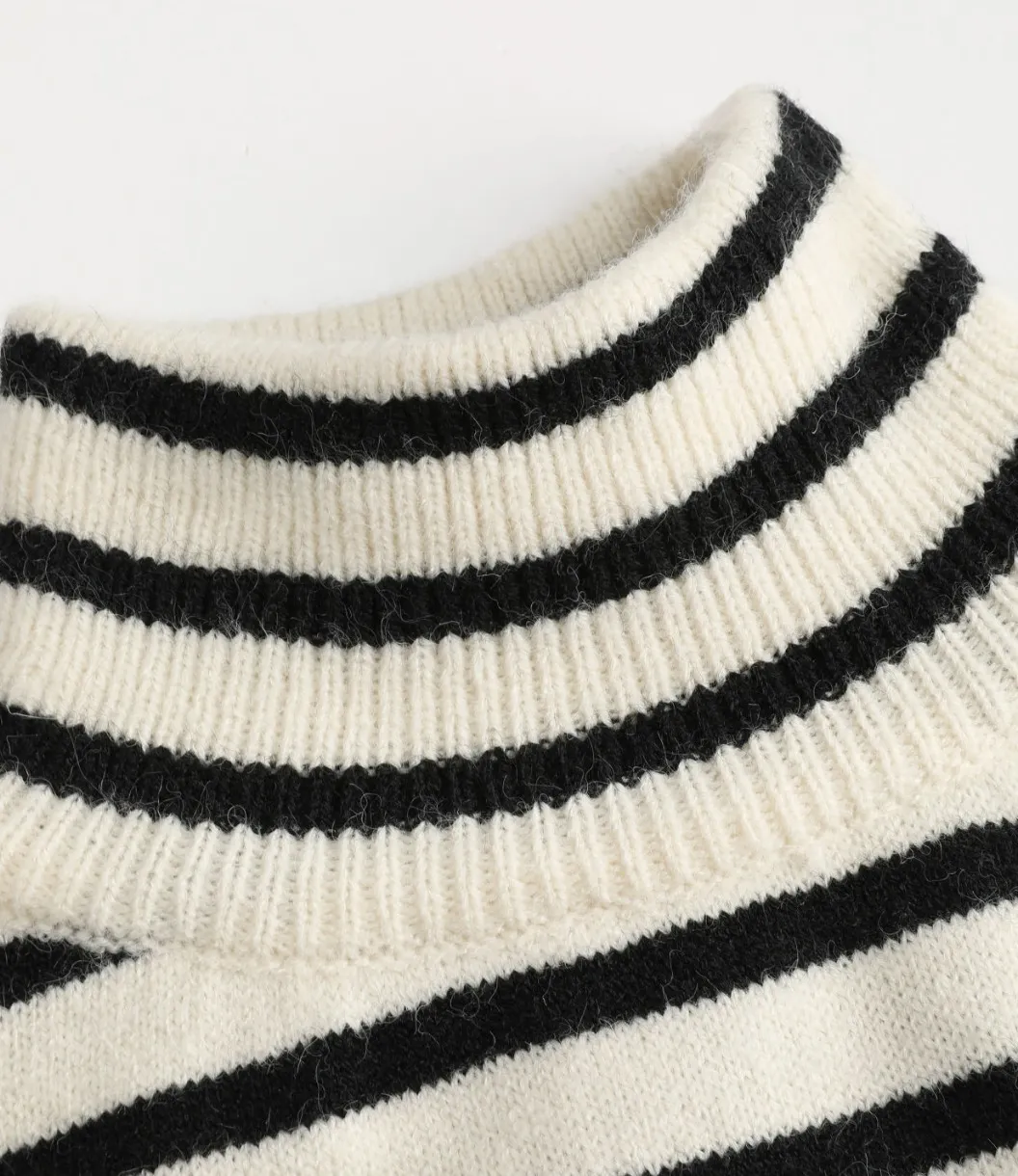 Cider  |Stripes Long Sleeves High-Neck Oversized V-neck & Crew neck