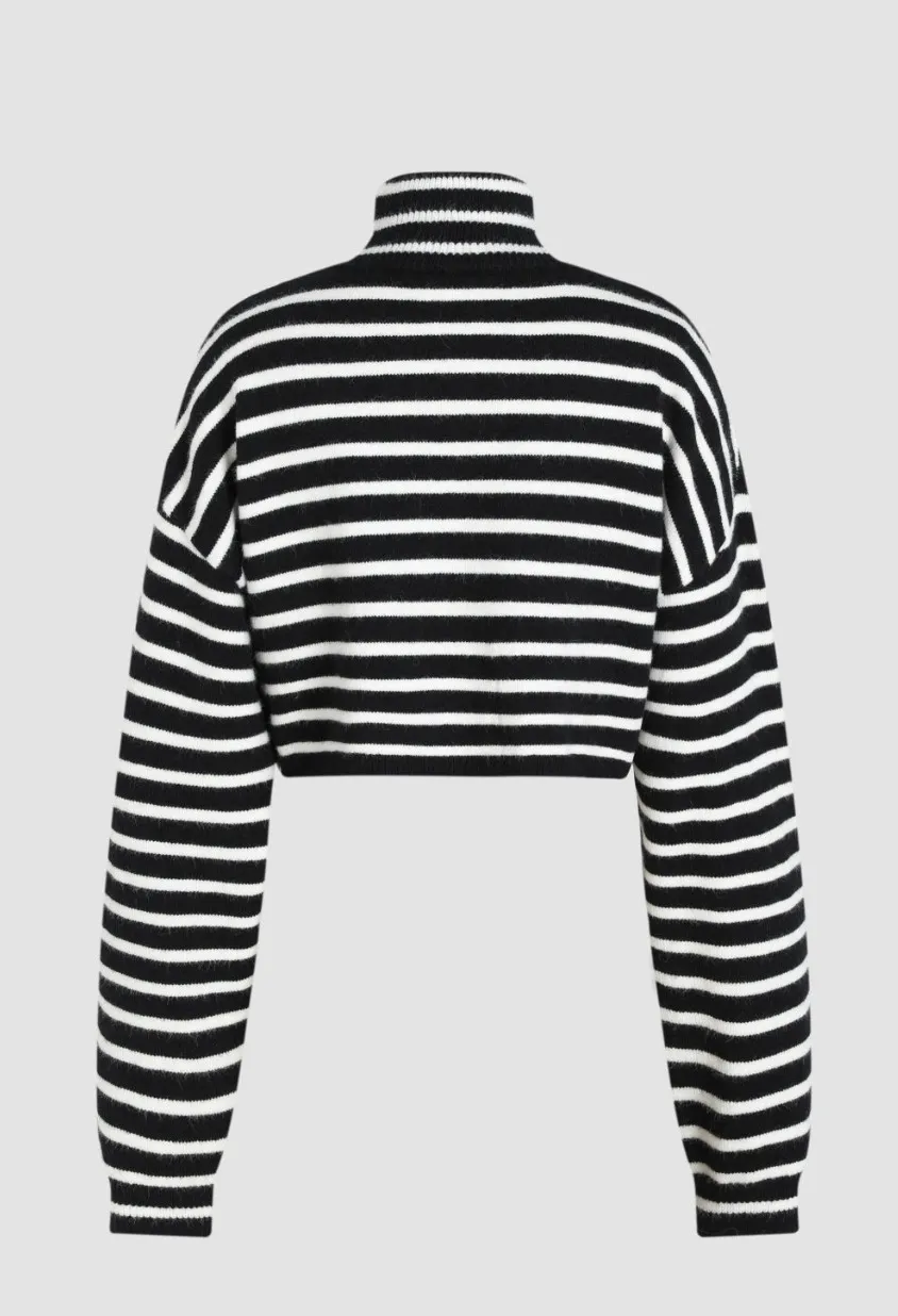 Cider  |Stripes Long Sleeves High-Neck Oversized V-neck & Crew neck