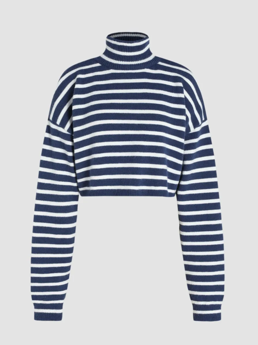 Cider  |Stripes Long Sleeves High-Neck Oversized V-neck & Crew neck