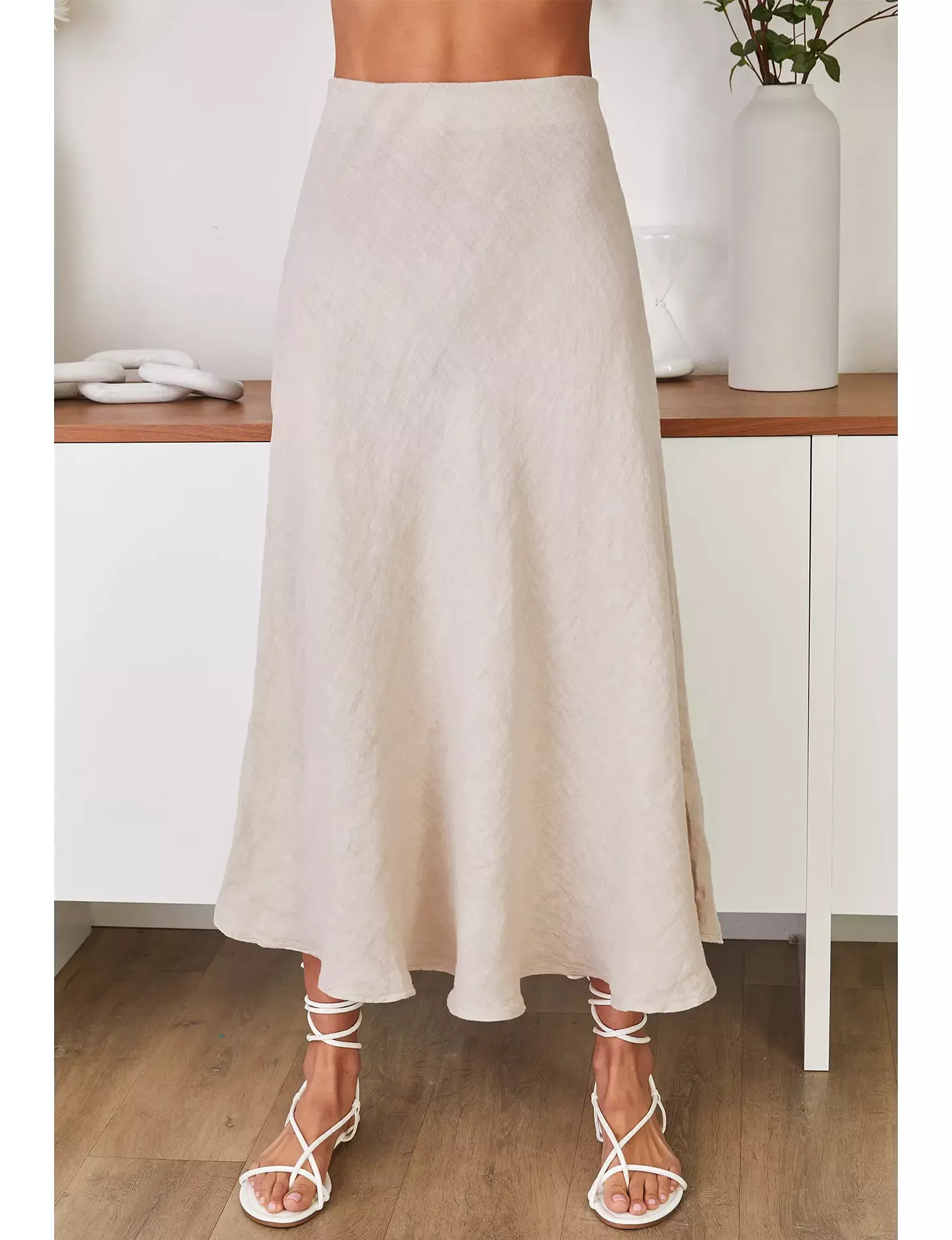 Crinkly Linen Maxi Skirt, Beige