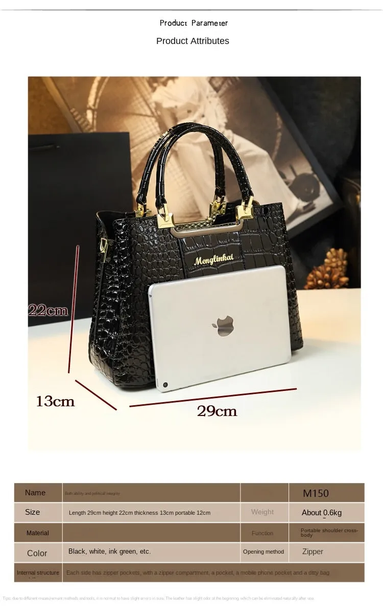 Crocodile Pattern Portable Shoulder Crossbody Tote Handbag for Women