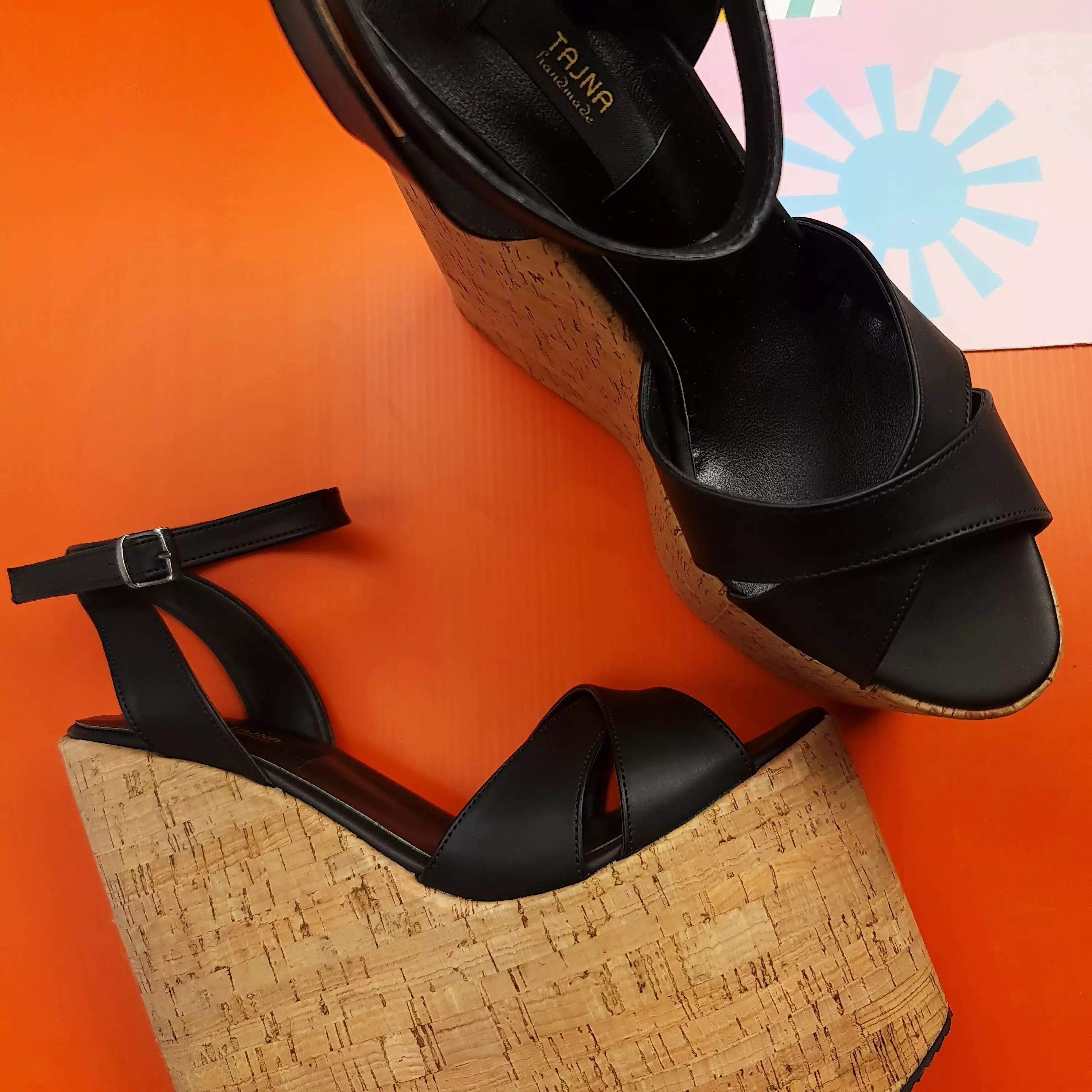 Cross Strap Black High Heel Wedge Platform Sandals