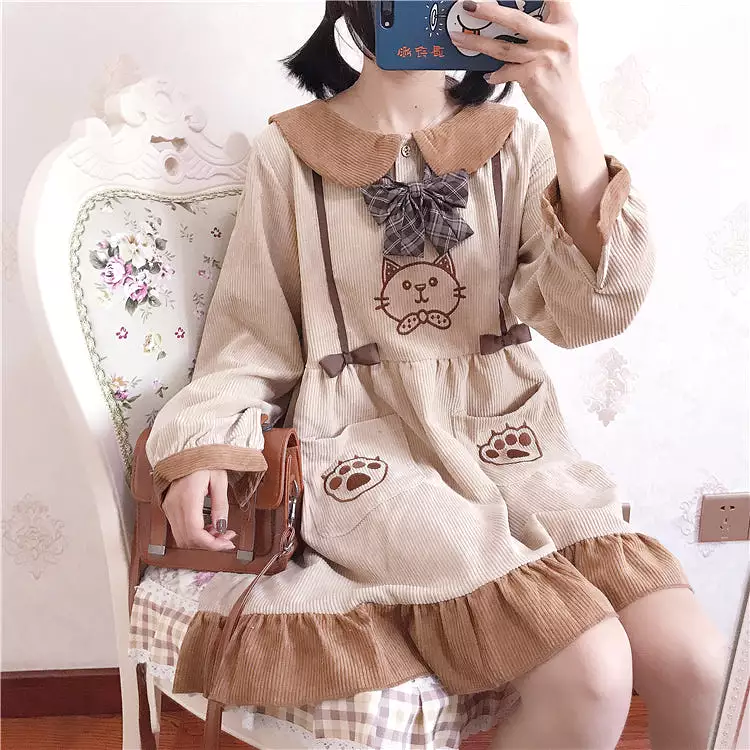 CUTE CAT EMBROIDERY CORDUROY DRESS BY71115