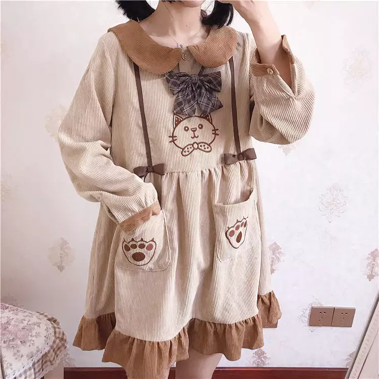 CUTE CAT EMBROIDERY CORDUROY DRESS BY71115