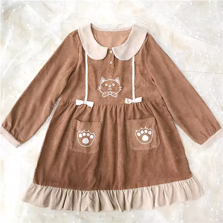 CUTE CAT EMBROIDERY CORDUROY DRESS BY71115