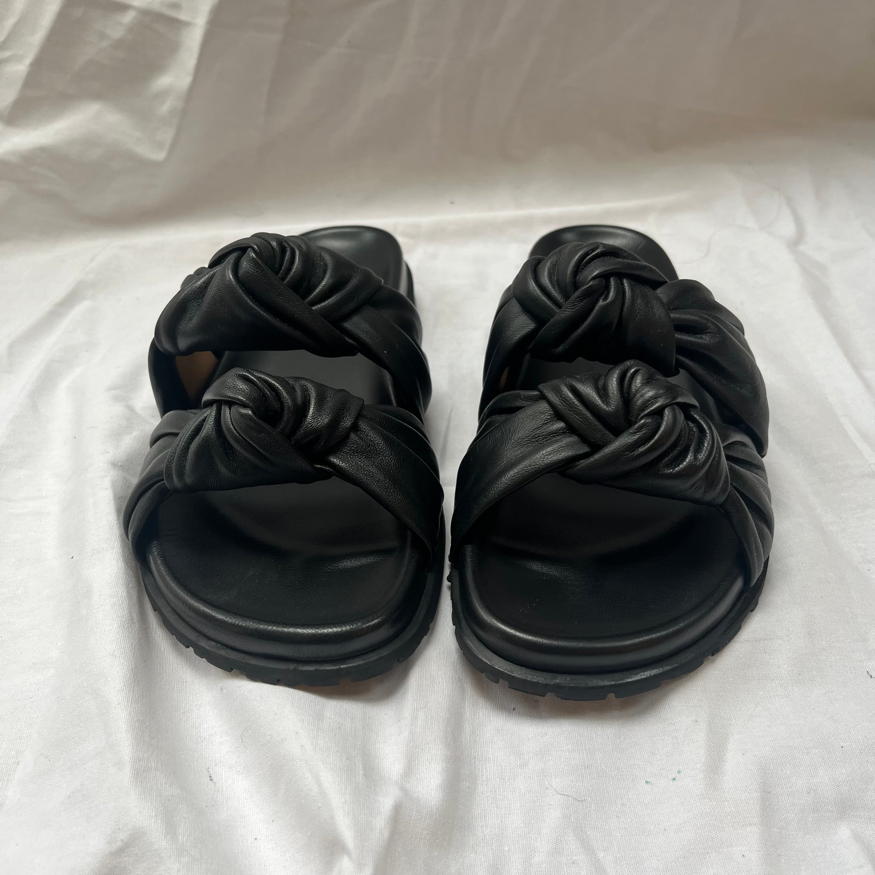 Dear Frances 390 Black Knotted Leather Tye Flatbed Slides 37