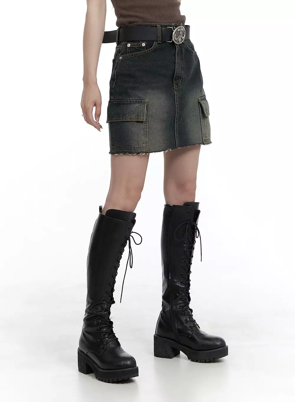 Destroyed Hem Cargo Denim Mini Skirt CA402