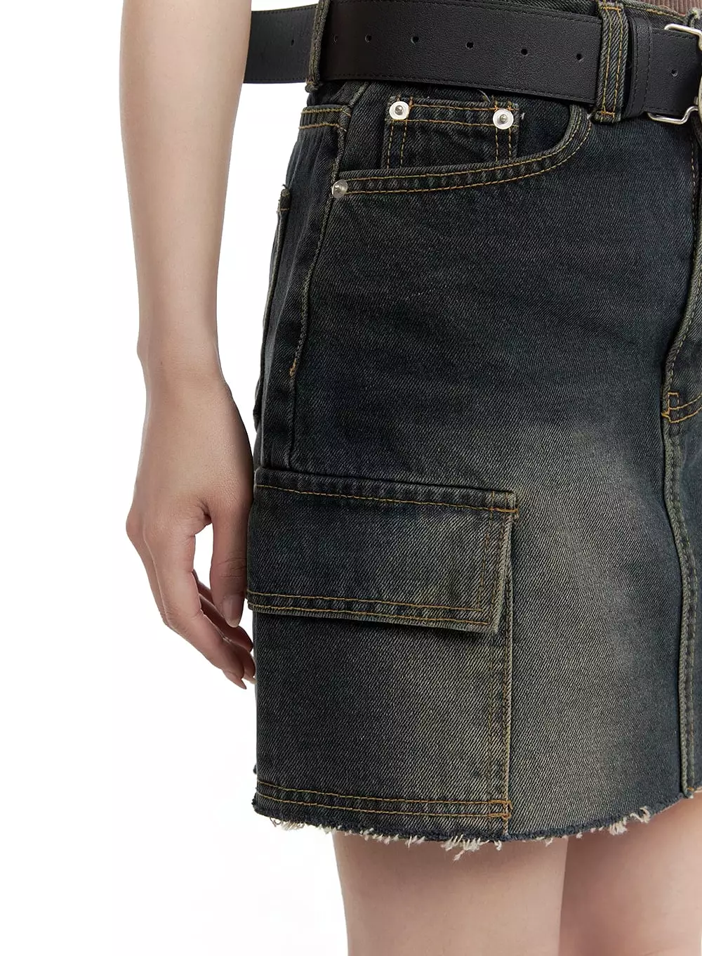 Destroyed Hem Cargo Denim Mini Skirt CA402