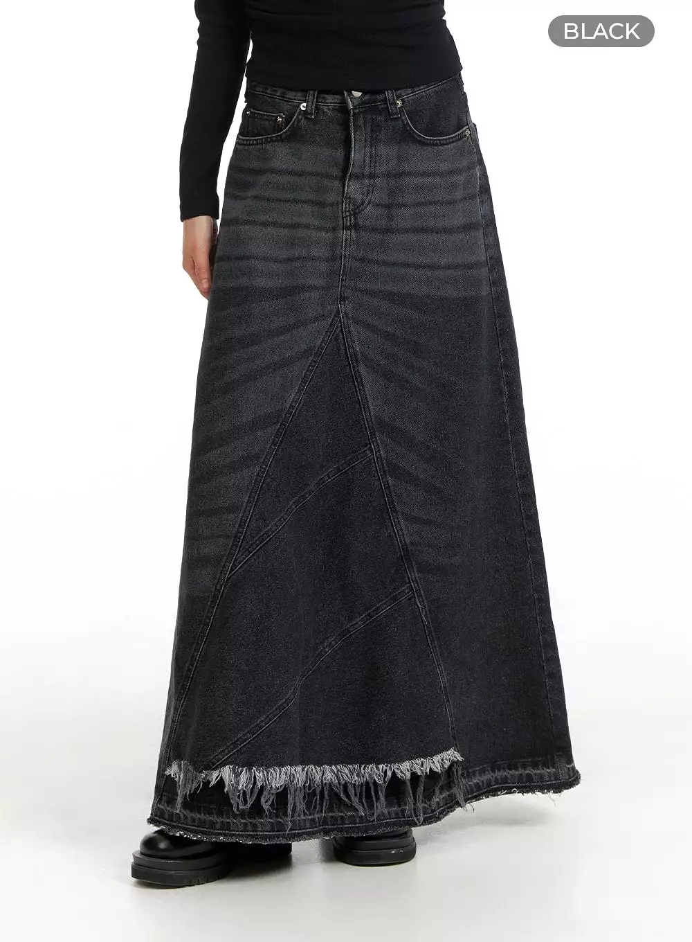 Destroyed Hem Maxi Denim Skirt CM413