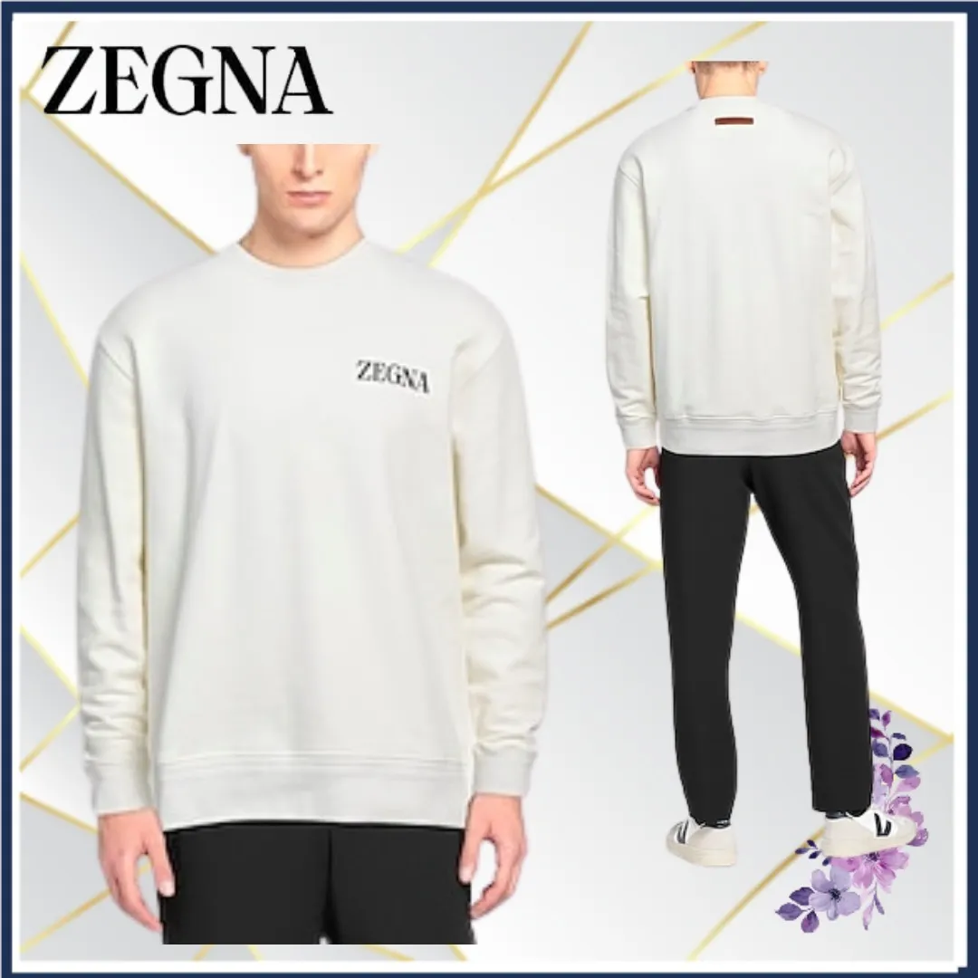 Ermenegildo Zegna  |Crew Neck Long Sleeves Plain Cotton Oversized Logo Luxury