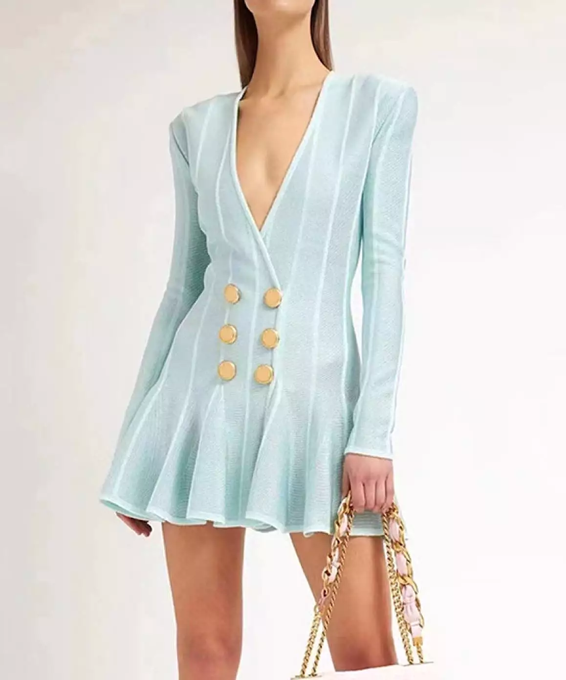 Flared Deep Cleavage Knitted Mini Dress in Sky Blue