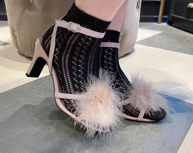 Fur ball fluffy high heel sandal