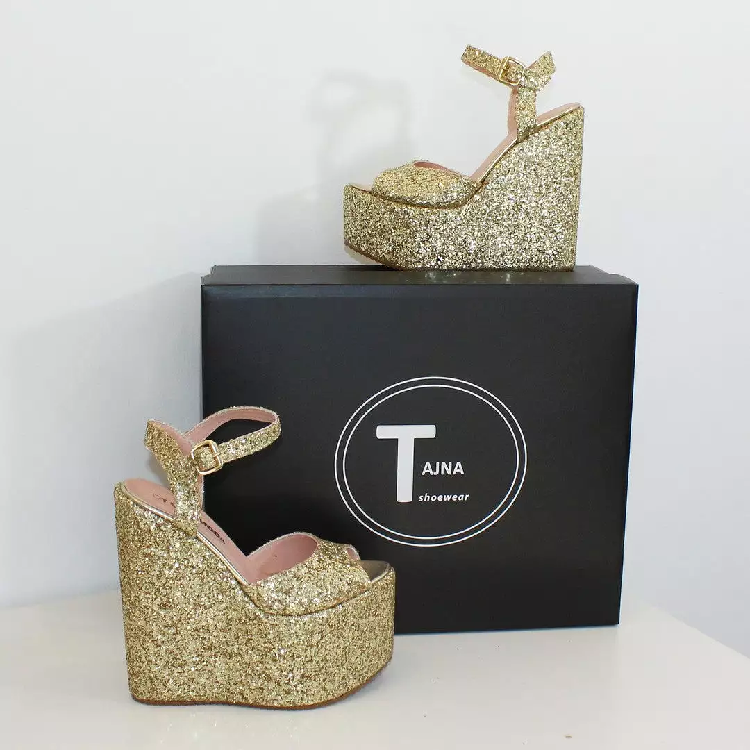 Gold Shiny Peep Toe Wedge Platform Shoes