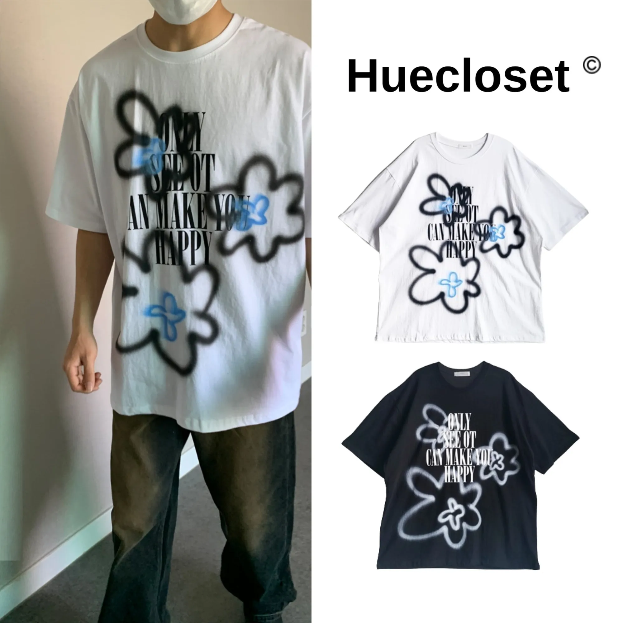 HUE  |Unisex Street Style Plain Cotton Oversized Logo T-Shirts