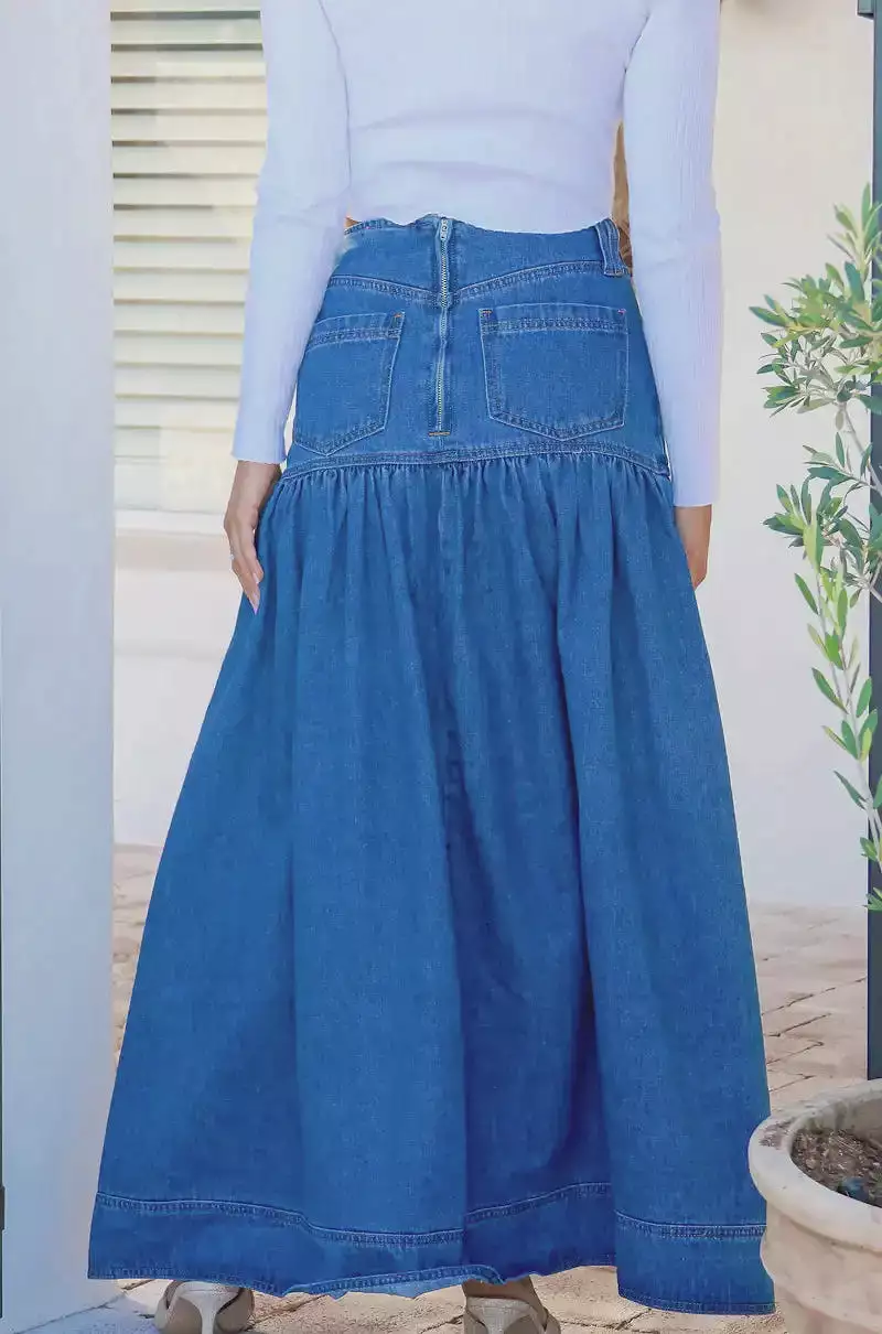 Kentucky Denim Button Front Maxi Skirt Mid Blue