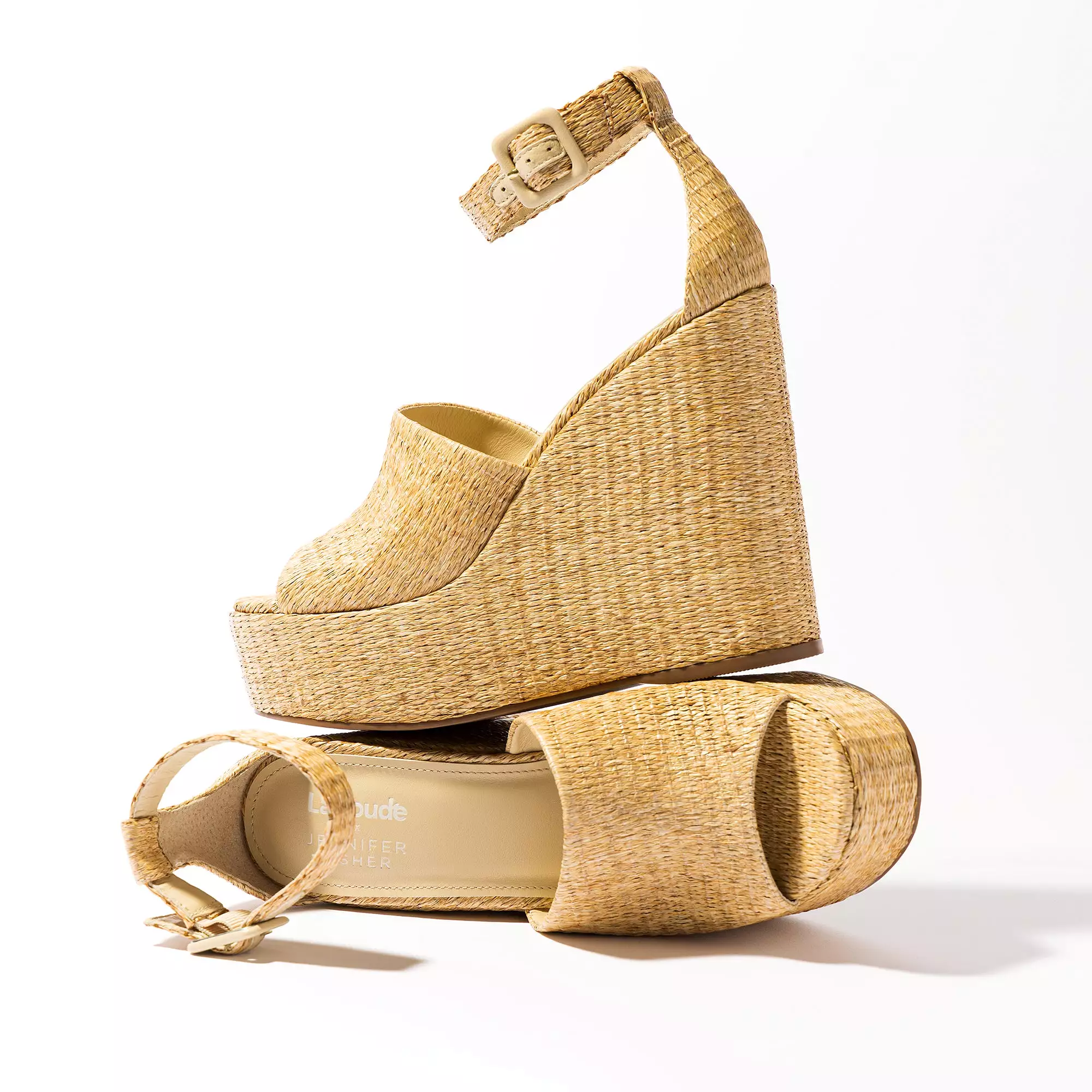 Larroudé x Jennifer Fisher Wedge Sandal In Sepia Raffia