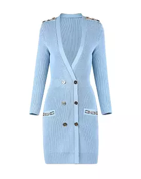 Light Blue Gold Button Chain Knitted Cardigan Dress