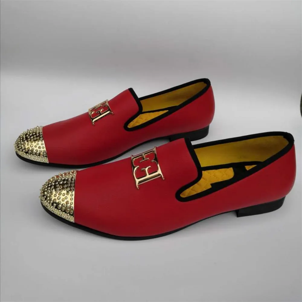 Men's Casual Synthetic Leather Slip-On Gold Metal Decor Toe Loafers