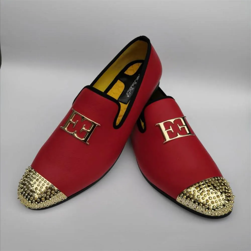 Men's Casual Synthetic Leather Slip-On Gold Metal Decor Toe Loafers