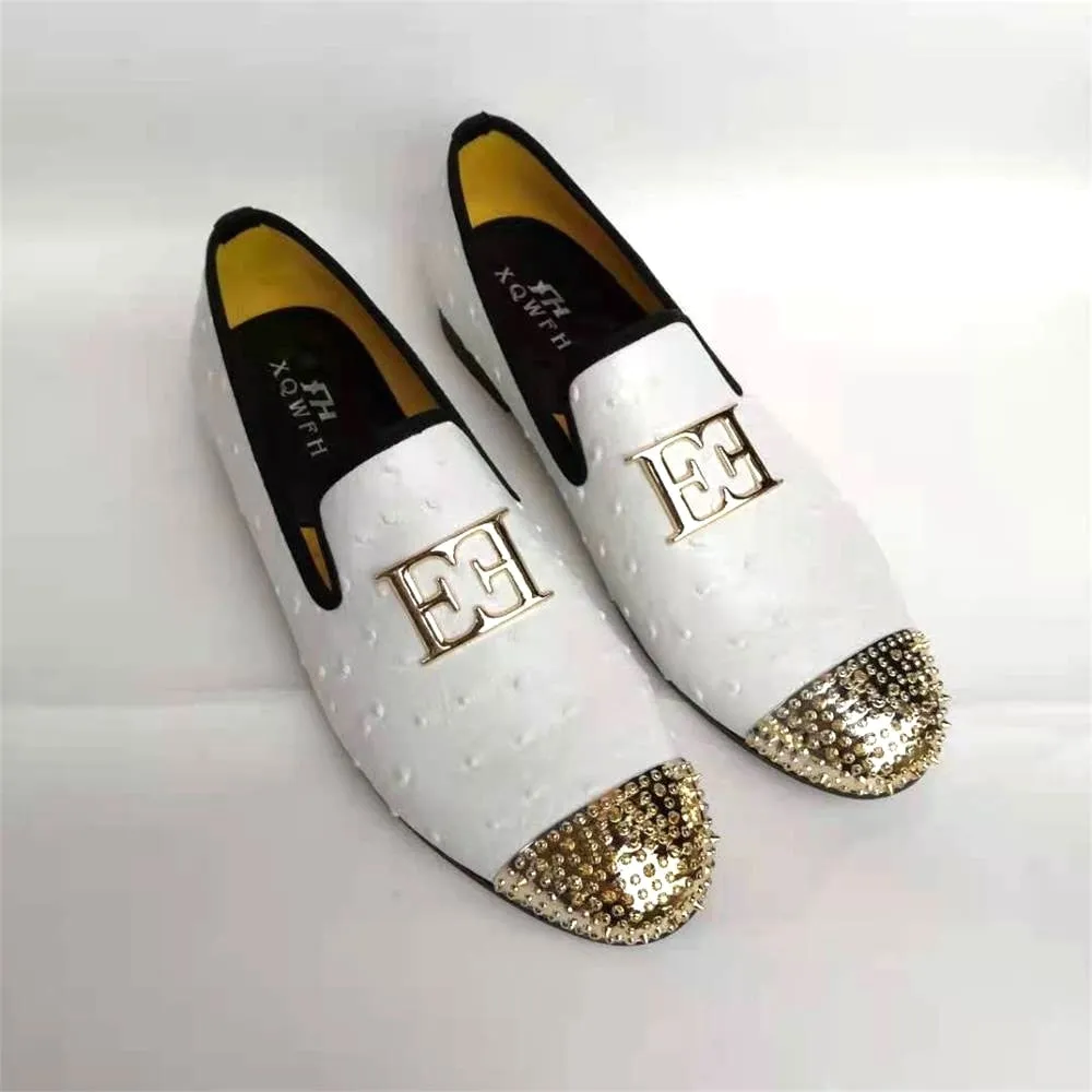 Men's Casual White Ostrich Skin Pattern Slip-On Breathable Loafers