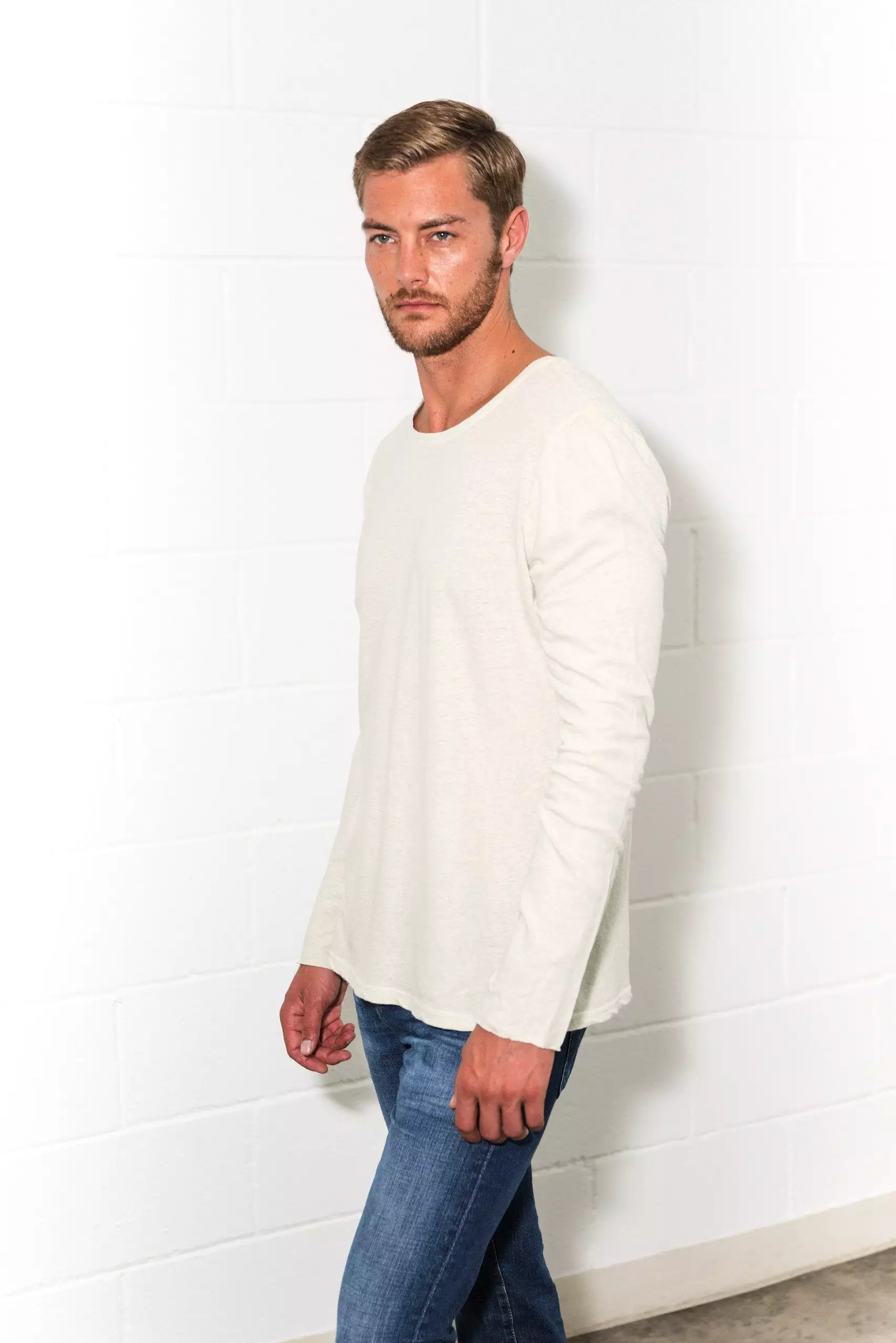 Men's Linen Blend Crew Neck Long Sleeve