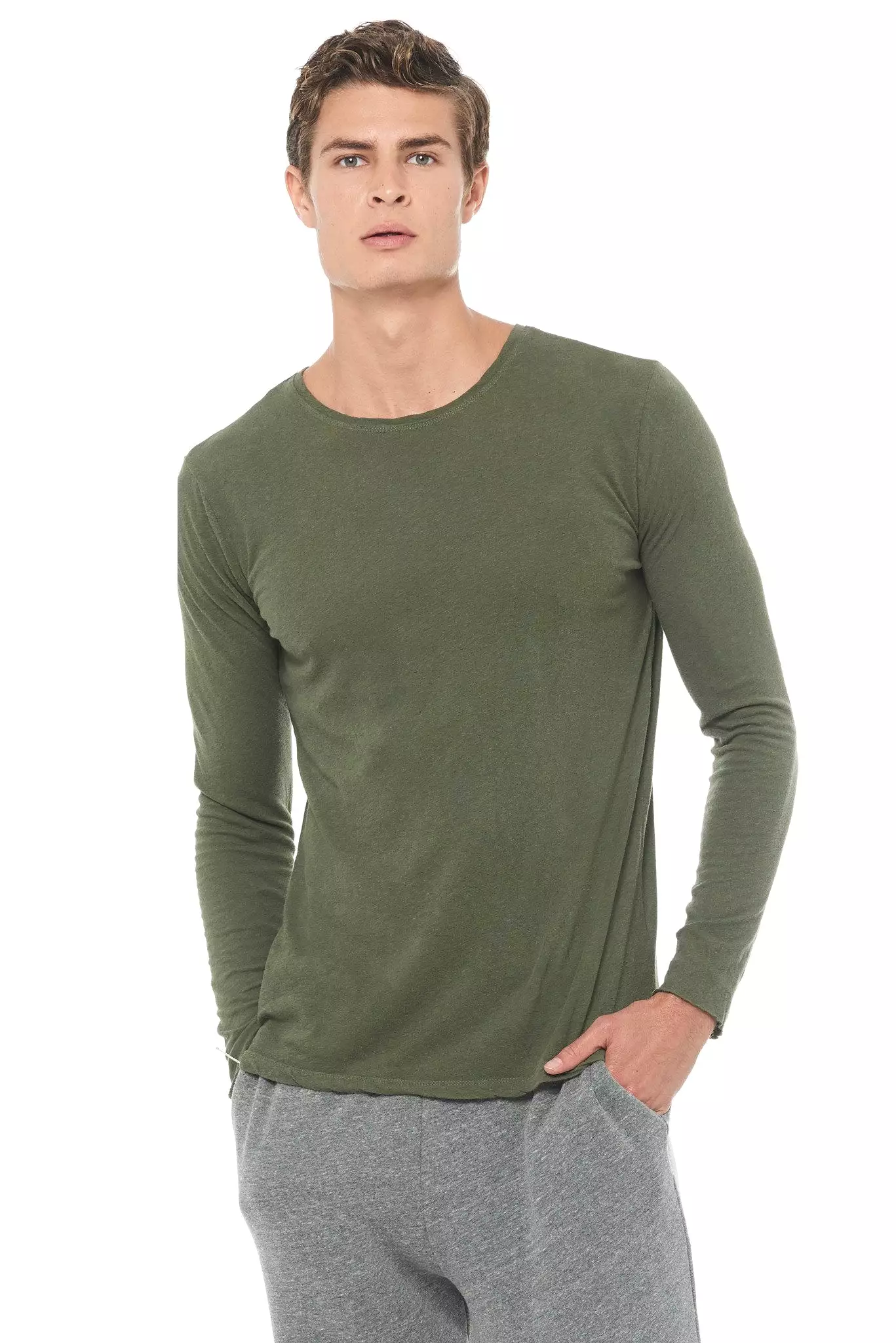 Men's Linen Blend Crew Neck Long Sleeve