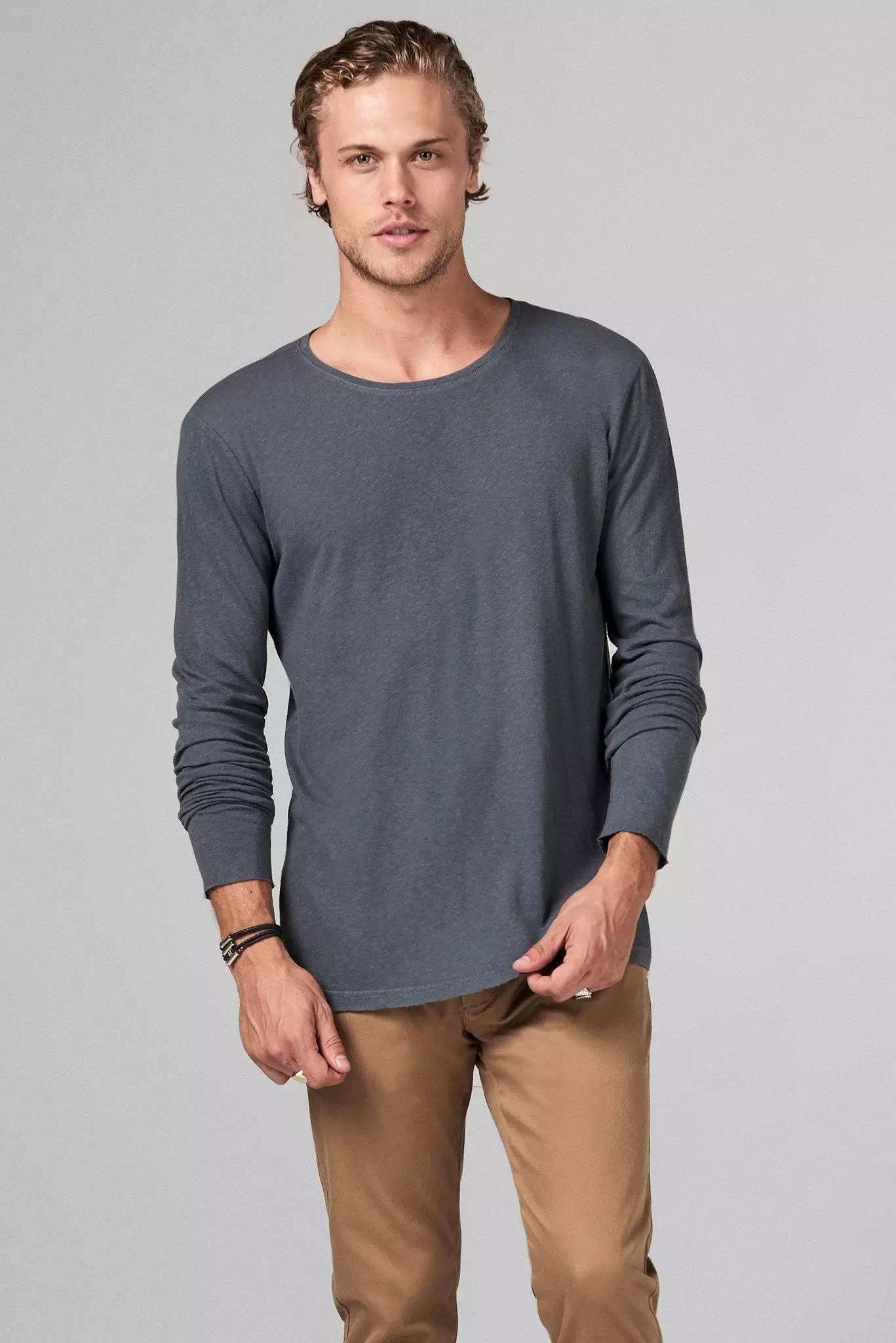 Men's Linen Blend Crew Neck Long Sleeve